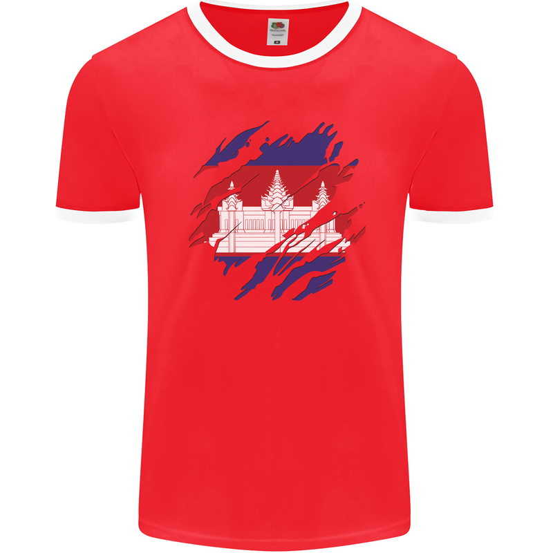 Torn Cambodia Flag Cambodian Day Football Mens Ringer T-Shirt FotL Red/White