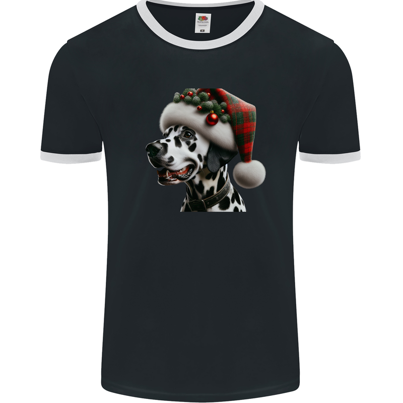 Christmas Dalmatian Dog Wearing a Xmas Hat Mens Ringer T-Shirt FotL Black/White