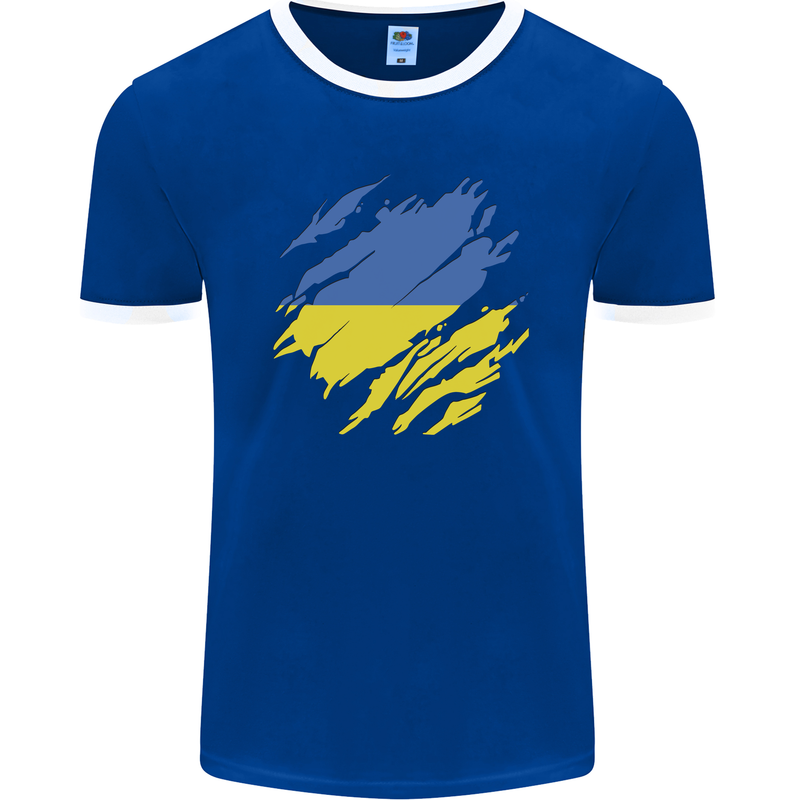 Torn Ukraine Flag Ukrainian Day Football Mens Ringer T-Shirt FotL Royal Blue/White