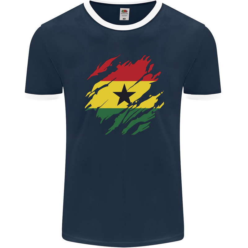 Torn Ghana Flag Ghanaian Day Football Mens Ringer T-Shirt FotL Navy Blue/White