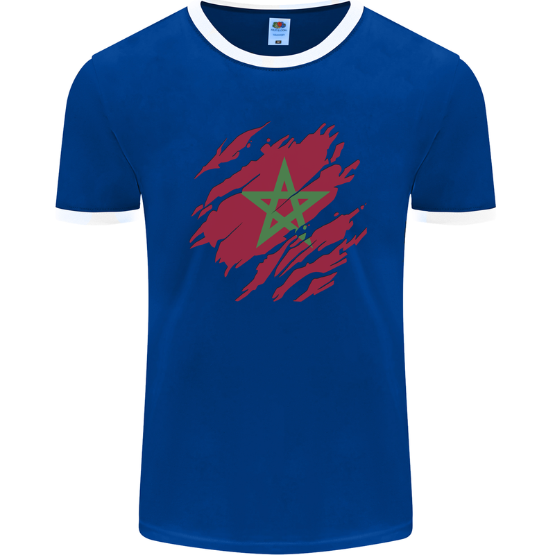 Torn Morocco Flag Moroccan Day Football Mens Ringer T-Shirt FotL Royal Blue/White