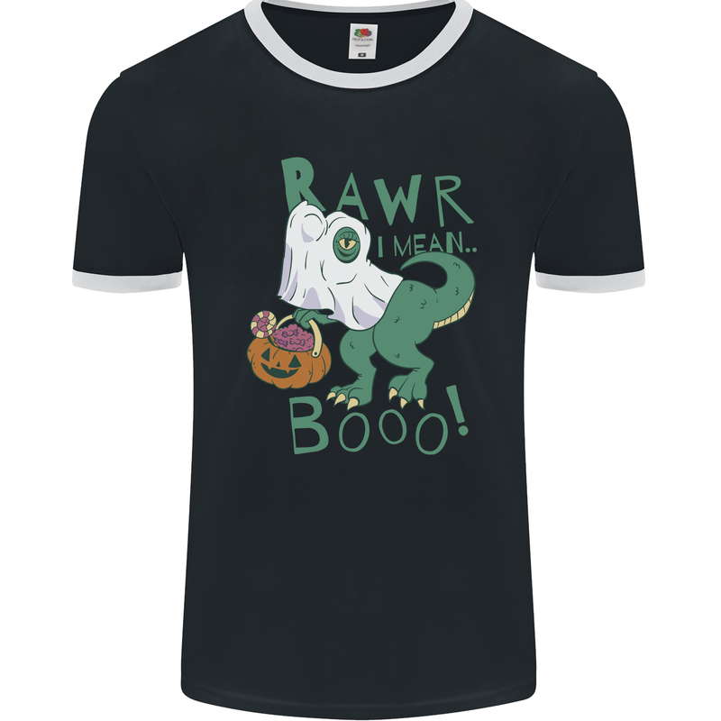 T-Rex RAWR I Mean Booo Halloween Dinosaur Mens Ringer T-Shirt FotL Black/White