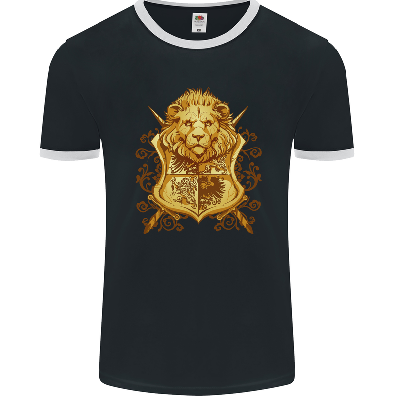 A Heraldic Lion Shield Coat of Arms Mens Ringer T-Shirt FotL Black/White