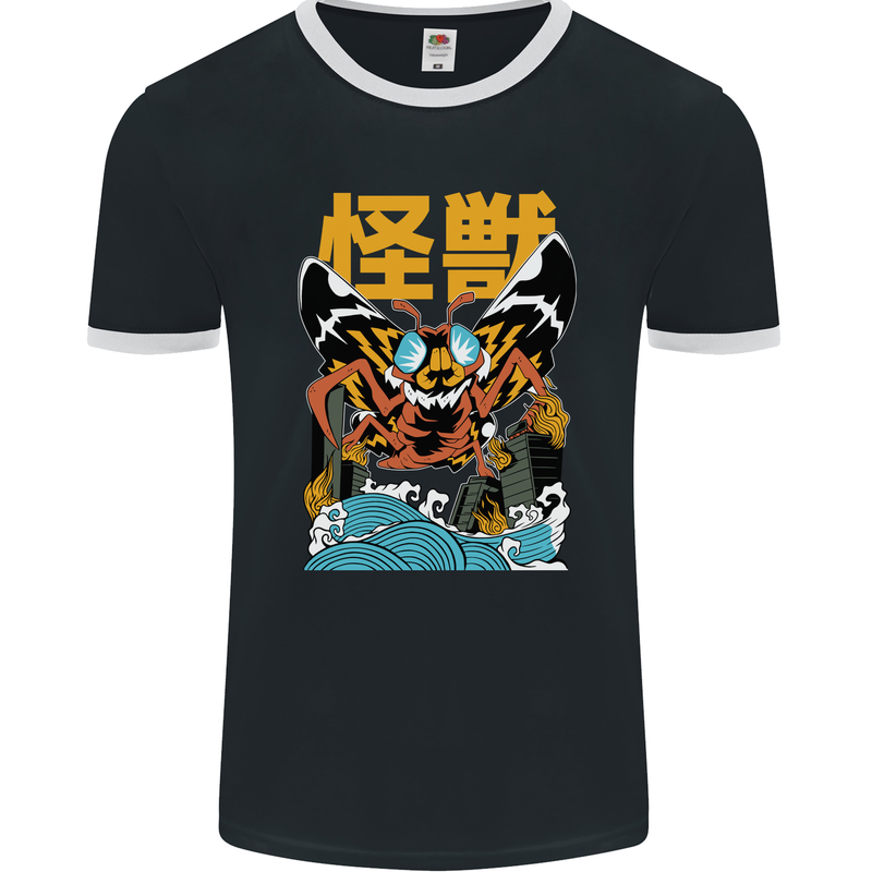 Kaiju Mothman Japanese Style Mens Ringer T-Shirt FotL Black/White