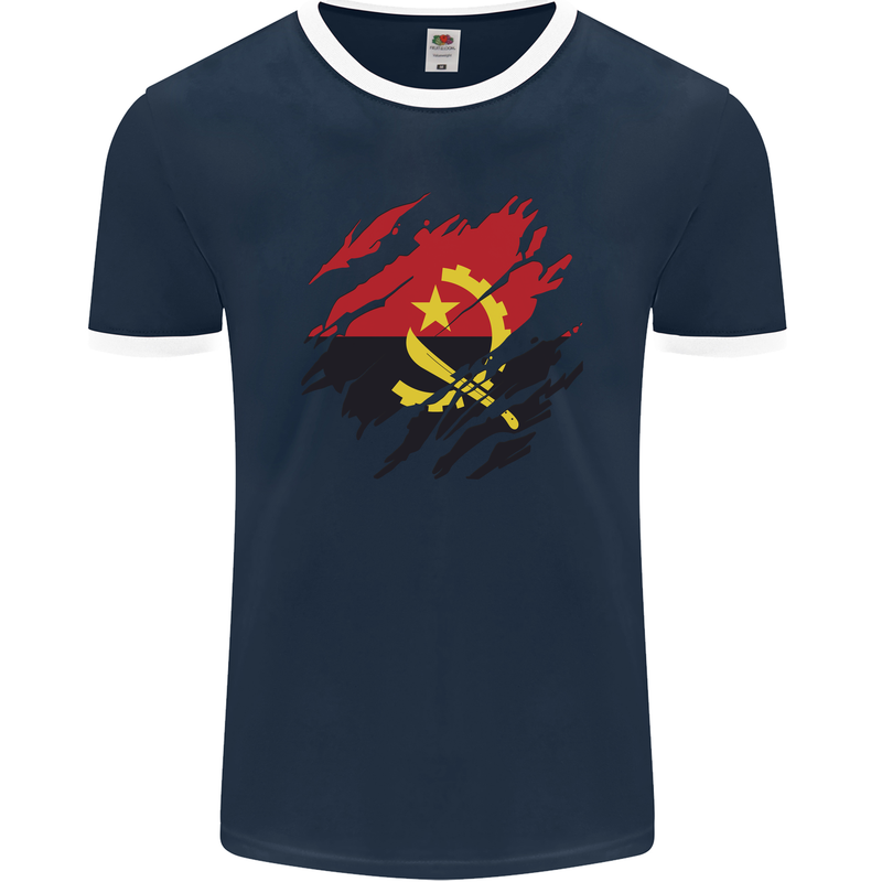 Torn Angola Flag Angolan Day Football Mens Ringer T-Shirt FotL Navy Blue/White