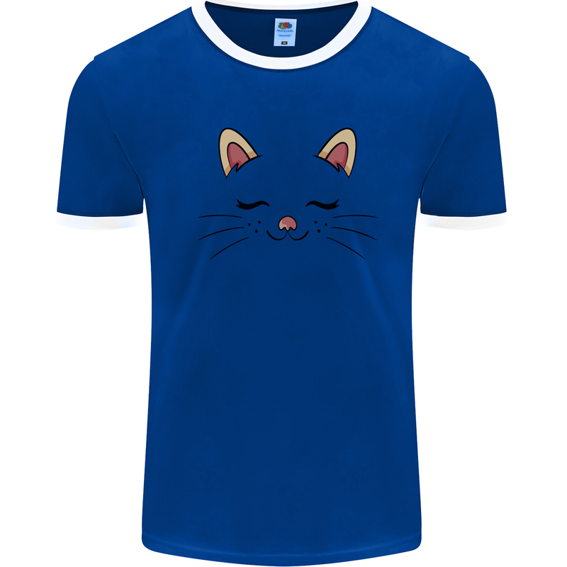 Cute Cat Face Mens Ringer T-Shirt Royal Blue/White