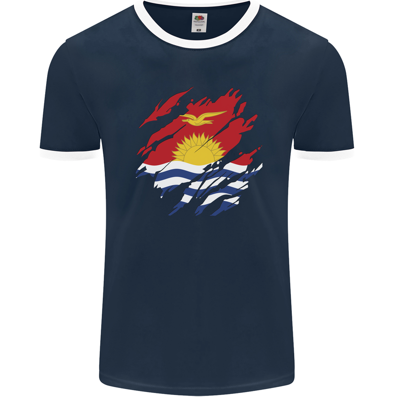 Torn Kiribati Flag Day Football Mens Ringer T-Shirt FotL Navy Blue/White