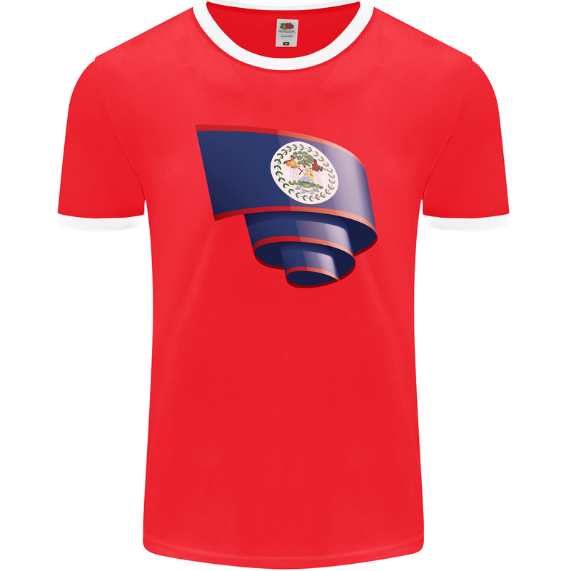 Curled Belize Flag Belizean Day Football Mens Ringer T-Shirt FotL Red/White