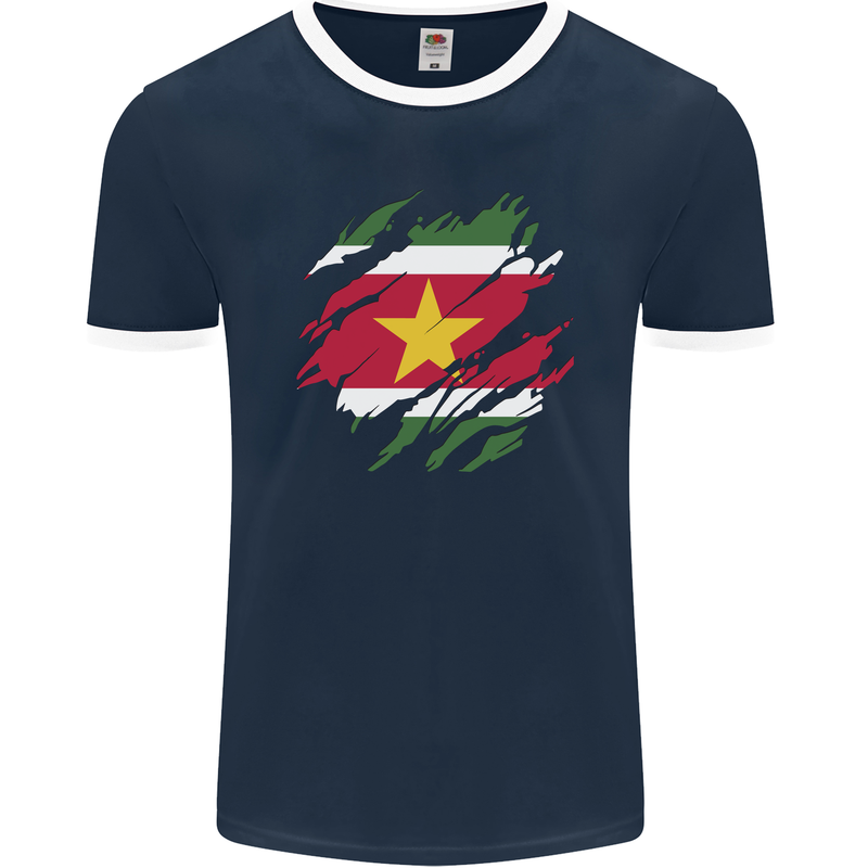 Torn Suriname Flag Suriname Day Football Mens Ringer T-Shirt FotL Navy Blue/White