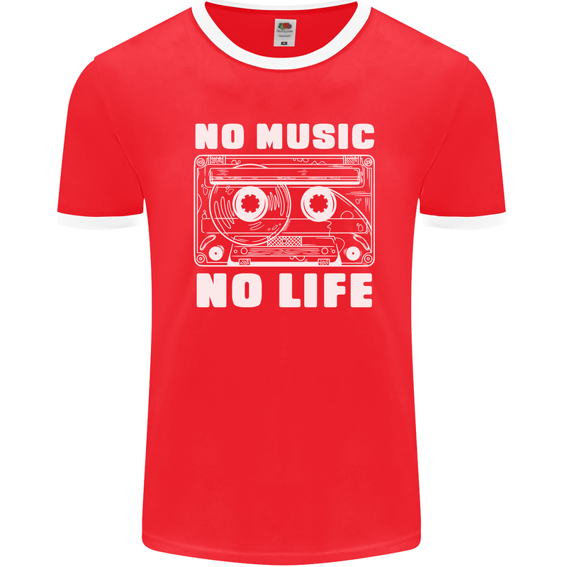 No Music No Life Retro Audio Cassette Mens Ringer T-Shirt FotL Red/White