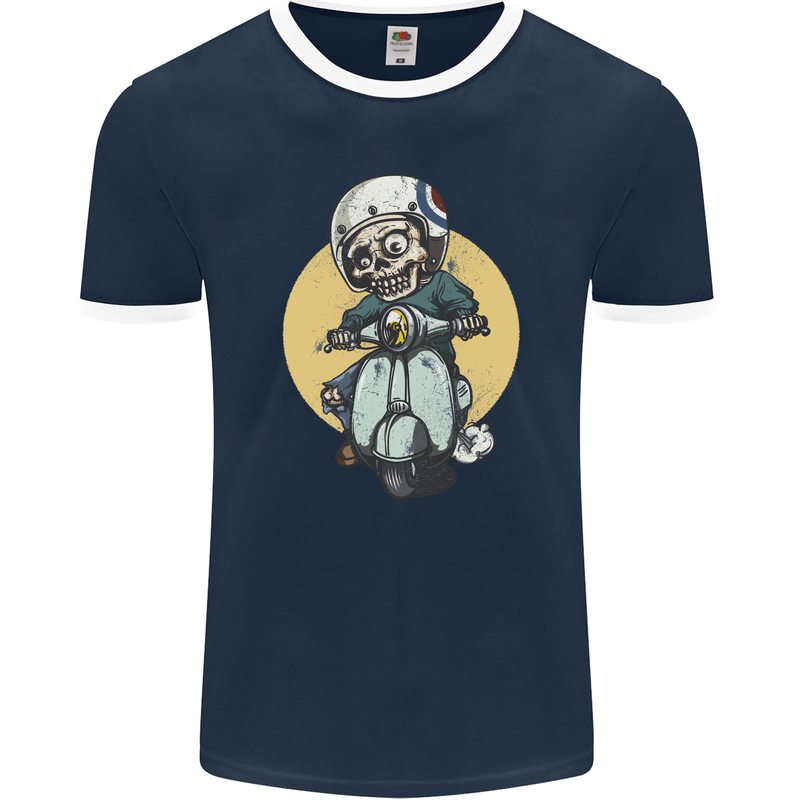 Mod Scooter Moped Skull Mens Ringer T-Shirt FotL Navy Blue/White