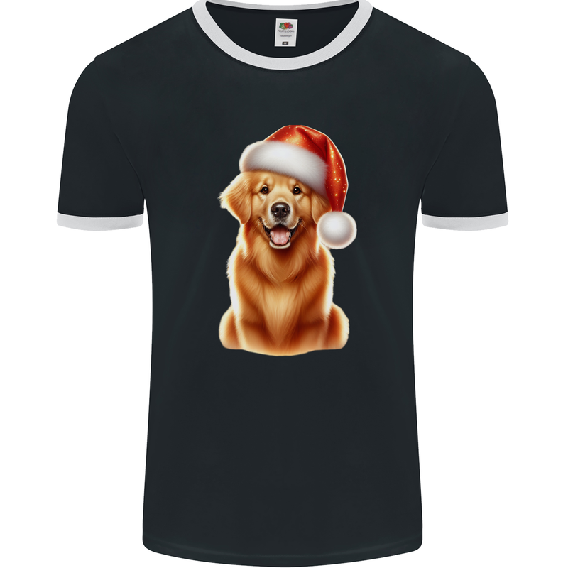 Christmas Golden Retriever Dog Xmas Hat Mens Ringer T-Shirt FotL Black/White