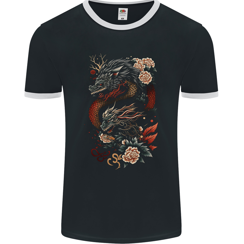 2 Chinese Dragons Fantasy Mens Ringer T-Shirt FotL Black/White