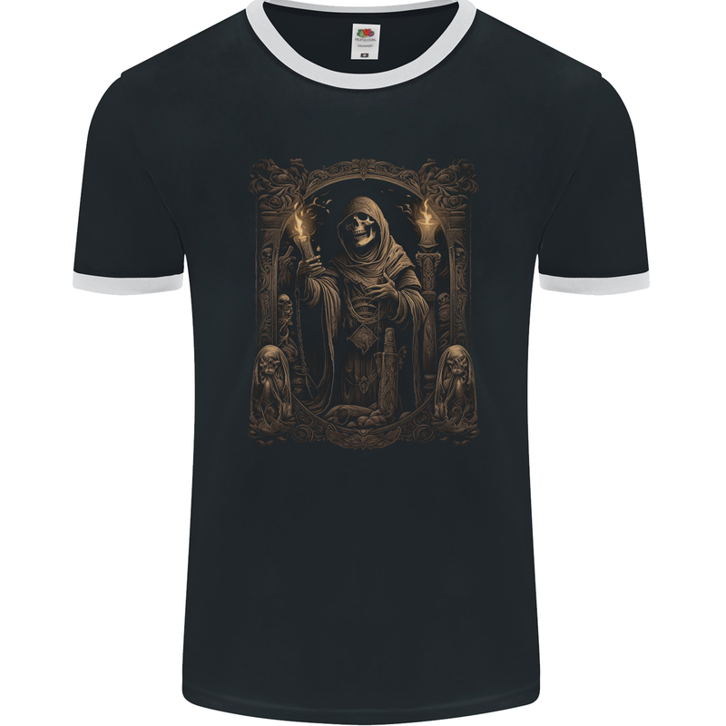 Gothic Grim Reaper Goth Heavy Metal Skull 13 Mens Ringer T-Shirt FotL Black/White