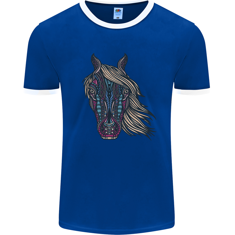 A Tribal Horse Equestrian Mens Ringer T-Shirt Royal Blue/White