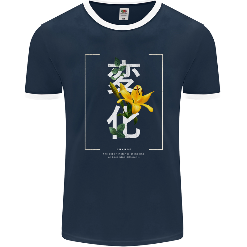 Japanese Flowers Quote Japan Change Mens Ringer T-Shirt FotL Navy Blue/White