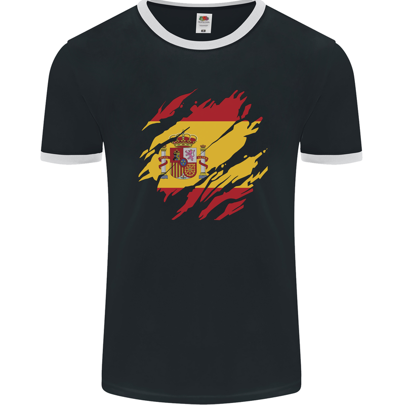 Torn Spain Flag Spanish Day Football Mens Ringer T-Shirt FotL Black/White