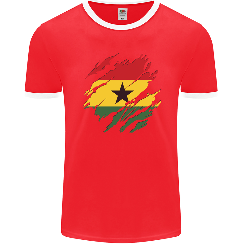 Torn Ghana Flag Ghanaian Day Football Mens Ringer T-Shirt FotL Red/White