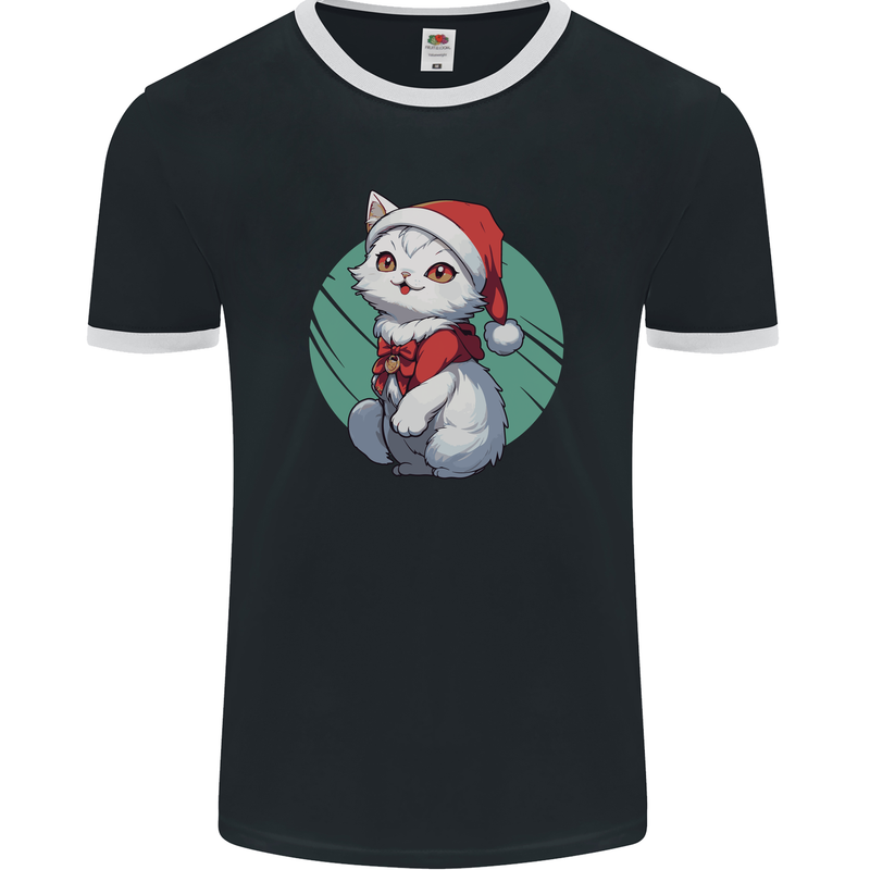 Christmas Cat With Green Background Mens Ringer T-Shirt FotL Black/White