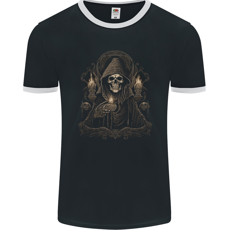 Gothic Grim Reaper Goth Heavy Metal Skull 3 Mens Ringer T-Shirt FotL Black/White