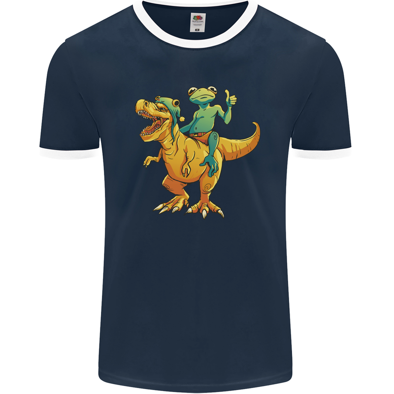 T-Rex and a Frog Dinosaur Mens Ringer T-Shirt FotL Navy Blue/White