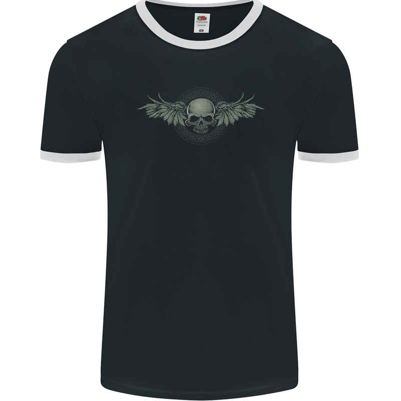 A Tribal Skull With Wings Gothic Goth Rock Music Mens Ringer T-Shirt FotL Black/White