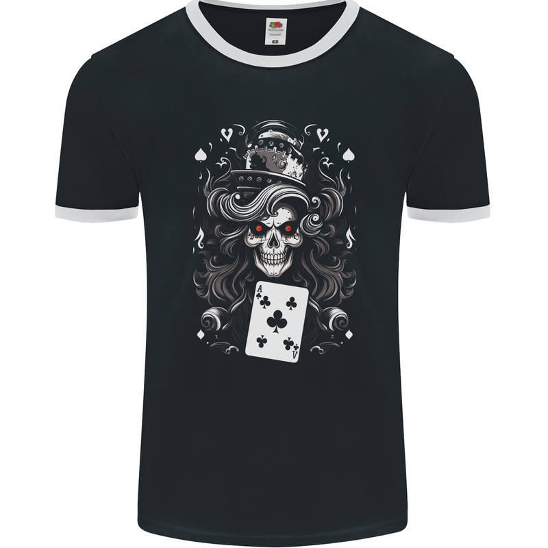 The Queen of Clubs Skull Mens Ringer T-Shirt FotL Black/White