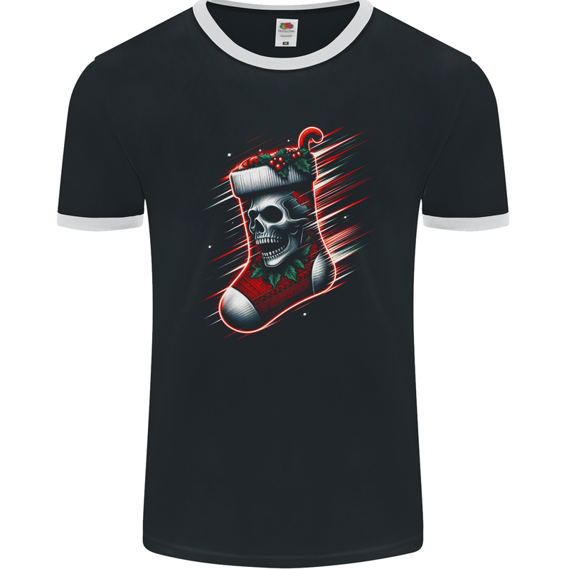 Christmas Skull Sock Xmas Heavy Metal Rock n Roll Mens Ringer T-Shirt FotL Black/White