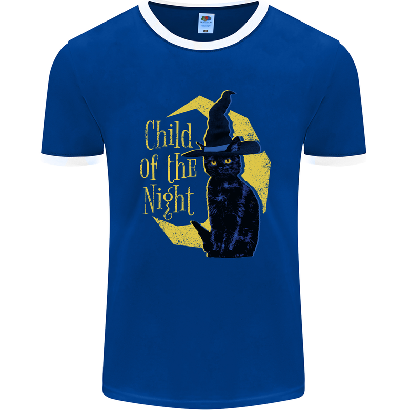 Child of the Night Halloween Black Cat Witch Mens Ringer T-Shirt FotL Royal Blue/White