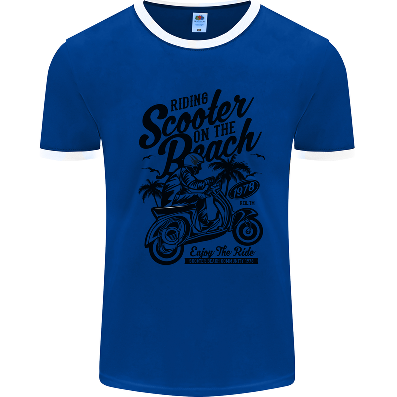 Scooter on the Beach MOD Mens Ringer T-Shirt Royal Blue/White