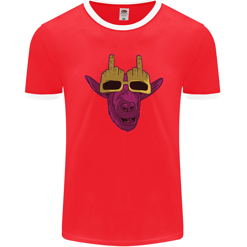 Offensive Goat With Finger Flip Glasses Mens Ringer T-Shirt FotL Red/White