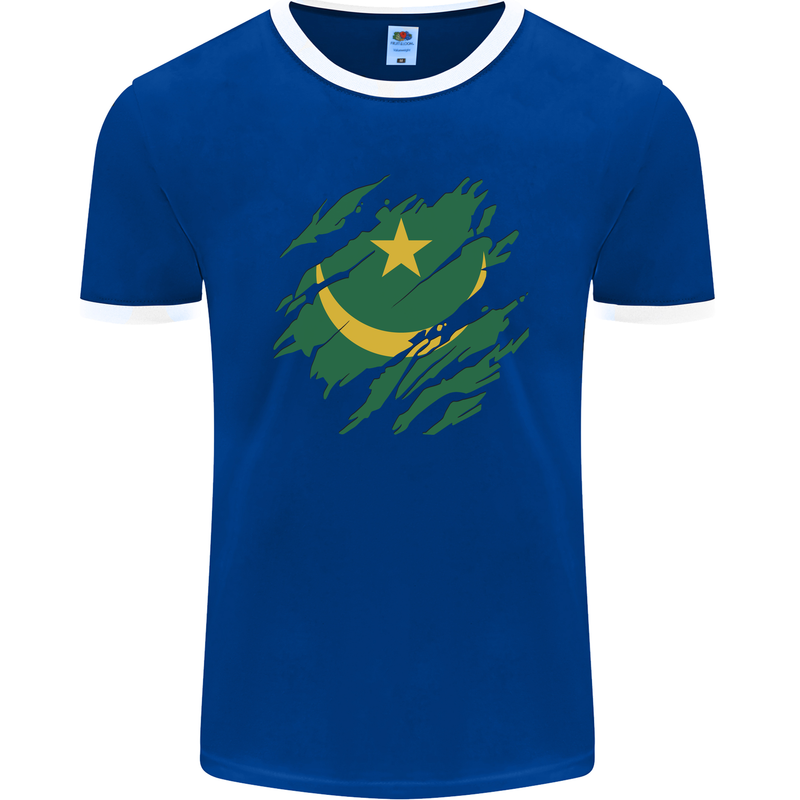 Torn Mauritania Flag Mauritanian Day Football Mens Ringer T-Shirt FotL Royal Blue/White