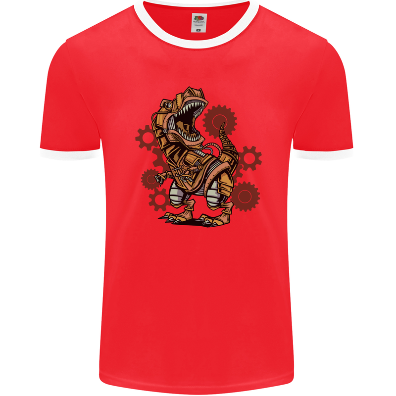 Steampunk T-Rex Dinosaur Mens Ringer T-Shirt FotL Red/White