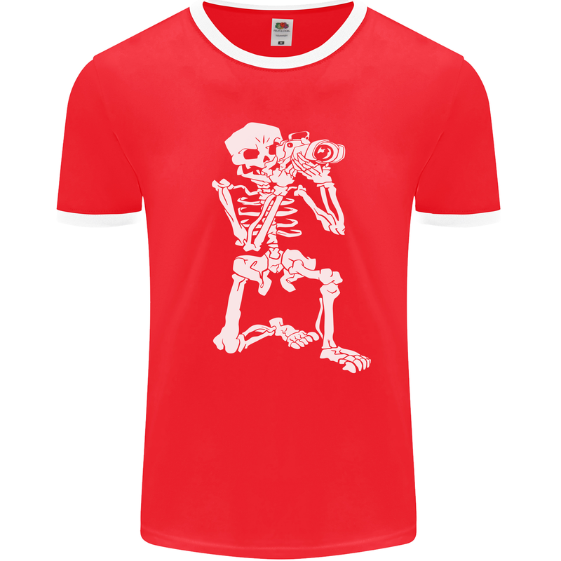 Skeleton Photographer Photography Mens Ringer T-Shirt FotL Red/White