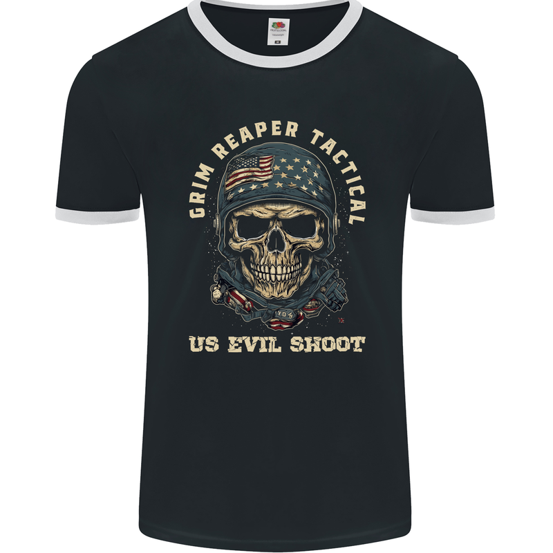 Grim Reaper Tactical Skull Military Army Mens Ringer T-Shirt FotL Black/White