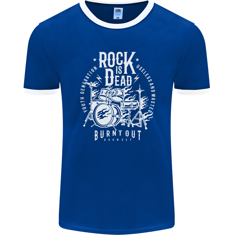 Rock is Dead Music Drummer Drumming Mens Ringer T-Shirt FotL Royal Blue/White