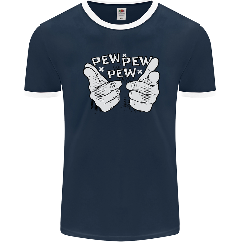 Pew Pew Pew Hands Funny Sci-Fi Lightsaber Mens Ringer T-Shirt FotL Navy Blue/White