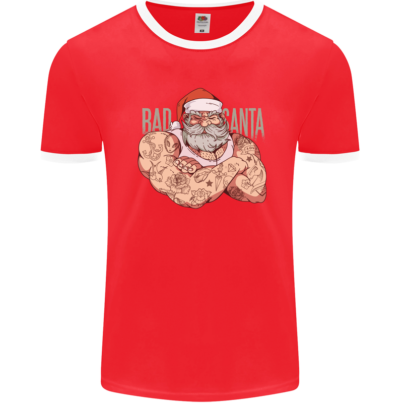 Bad Santa Christmas Tattoo Xmas Biker Gym Mens Ringer T-Shirt FotL Red/White