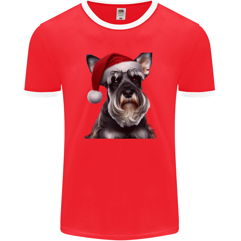 Christmas Schnauzer Dog Xmas Hat Mens Ringer T-Shirt FotL Red/White