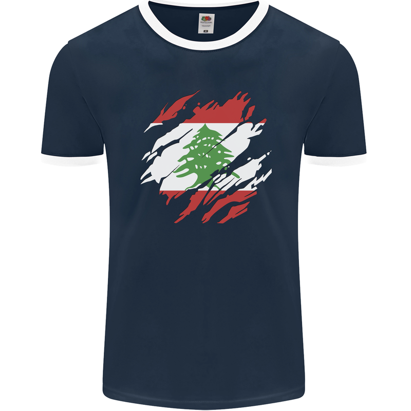 Torn Lebanon Flag Lebanese Day Football Mens Ringer T-Shirt FotL Navy Blue/White