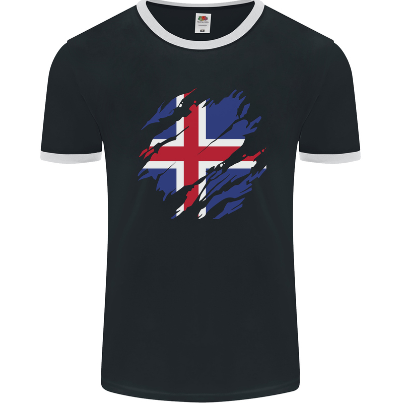 Torn Iceland Flag Icelander Day Football Mens Ringer T-Shirt FotL Black/White