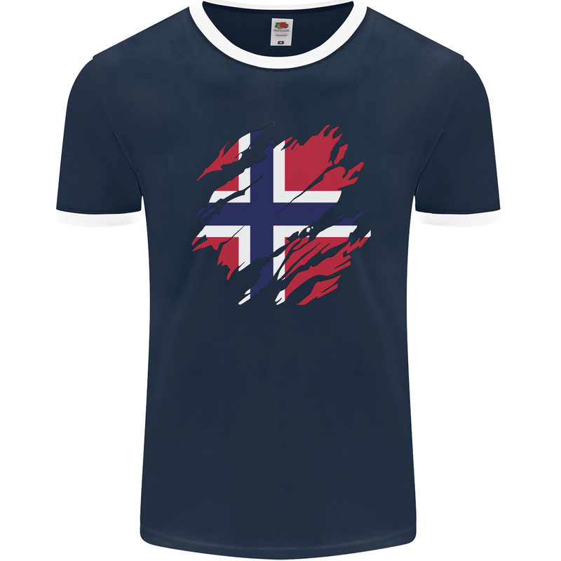 Torn Norway Flag Norwegian Day Football Mens Ringer T-Shirt FotL Navy Blue/White