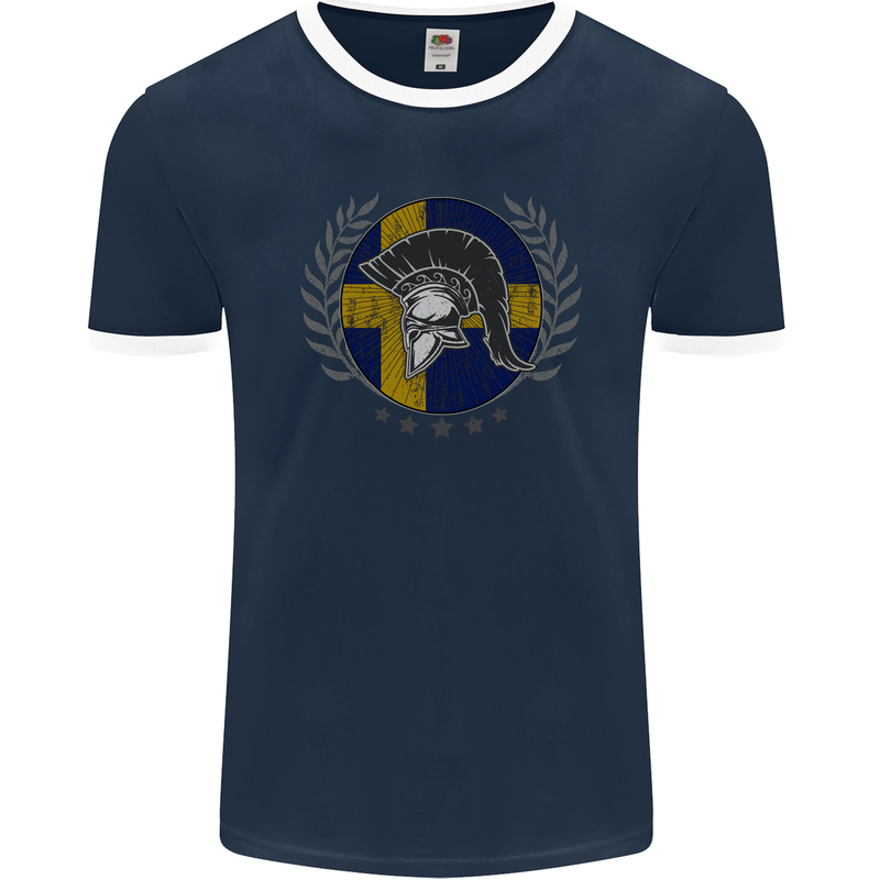 Sweden Bodybuilding Flag Gym Training Swedish Mens Ringer T-Shirt FotL Navy Blue/White