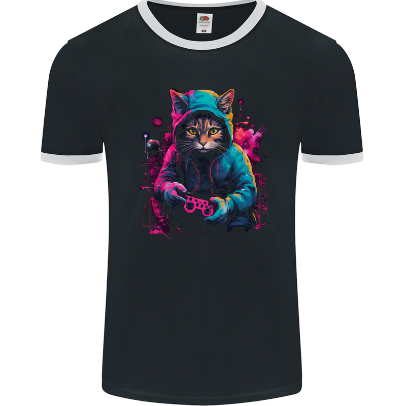 Gaming Cat Cool Gamer Video Games Mens Ringer T-Shirt FotL Black/White