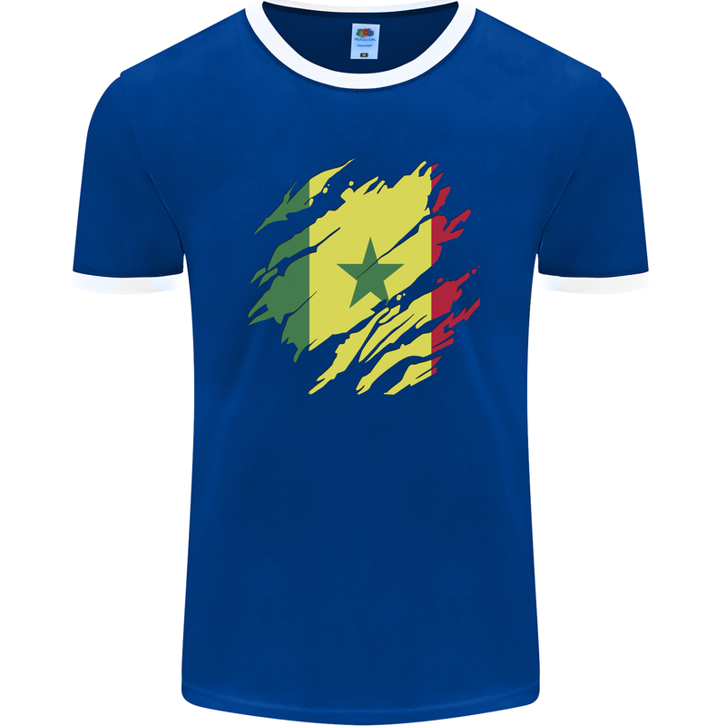 Torn Senegal Flag Senegalese Day Football Mens Ringer T-Shirt FotL Royal Blue/White