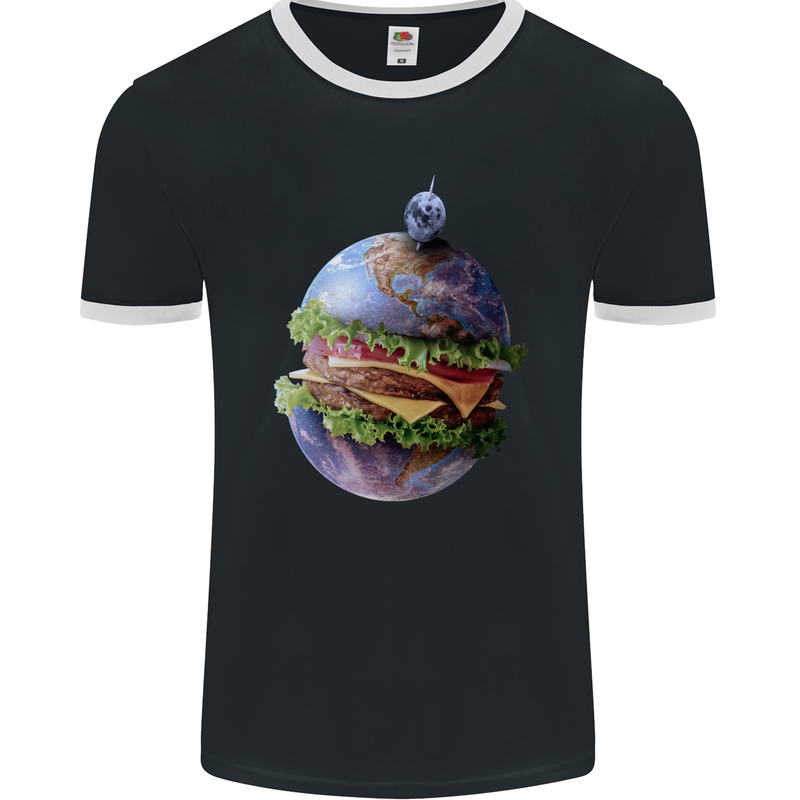 Earth Burger Funny Food Planet Mens Ringer T-Shirt FotL Black/White