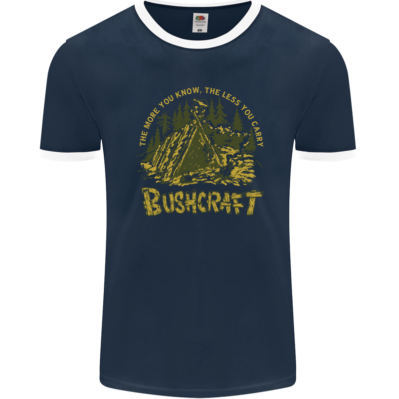 Bushcraft Funny Outdoor Persuits Camping Scouts Mens Ringer T-Shirt FotL Navy Blue/White