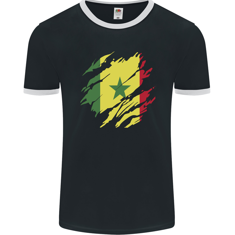 Torn Senegal Flag Senegalese Day Football Mens Ringer T-Shirt FotL Black/White