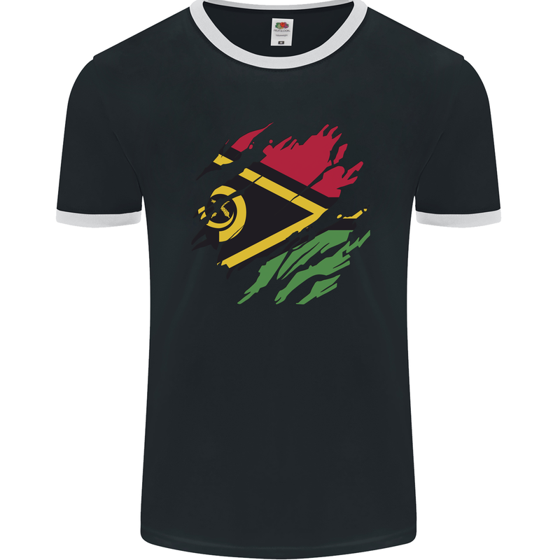 Torn Vanuatu Flag Day Football Mens Ringer T-Shirt FotL Black/White