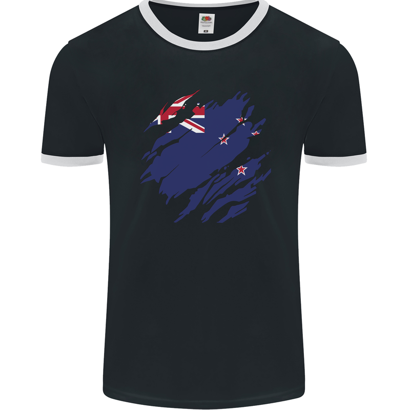 Torn New Zealand Flag Zealander Kiwi Day Mens Ringer T-Shirt FotL Black/White